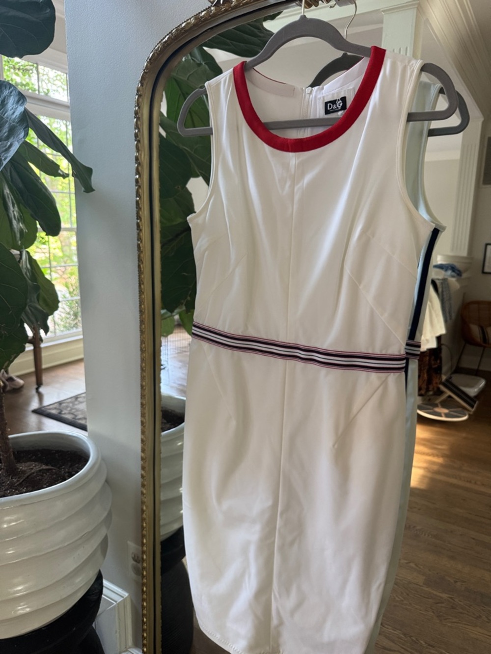 D&G White Midi Dress with Red Neckline and Navy-Striped Waistband